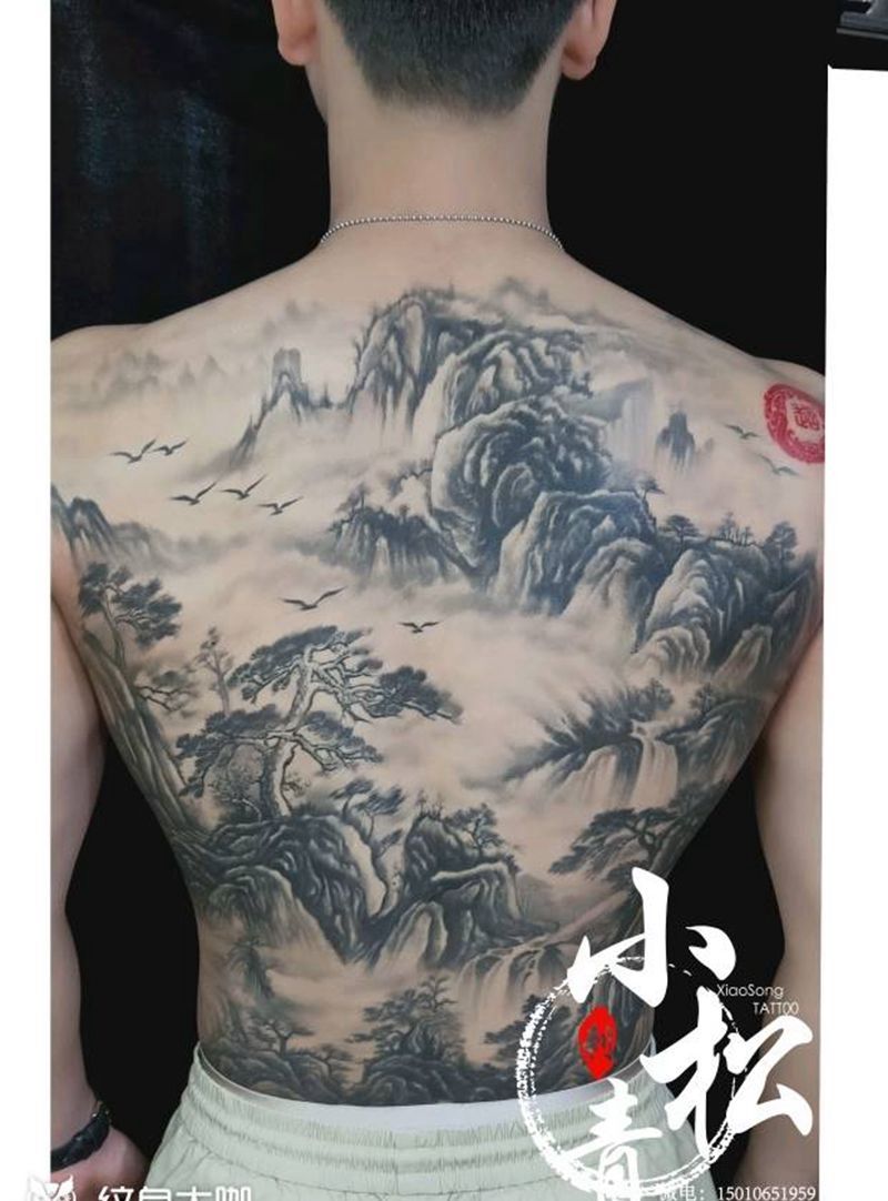 传统山水恢复后效果纹身图片_背部水墨纹身图案