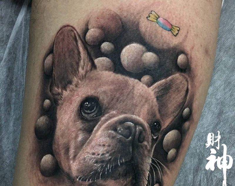 已逝爱宠纹身图片_腿部欧美写实纹身图案