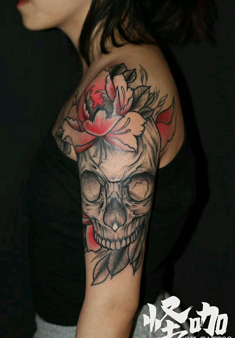 点刺骷髅纹身图片_手臂欧美植物鬼神成品纹身图案