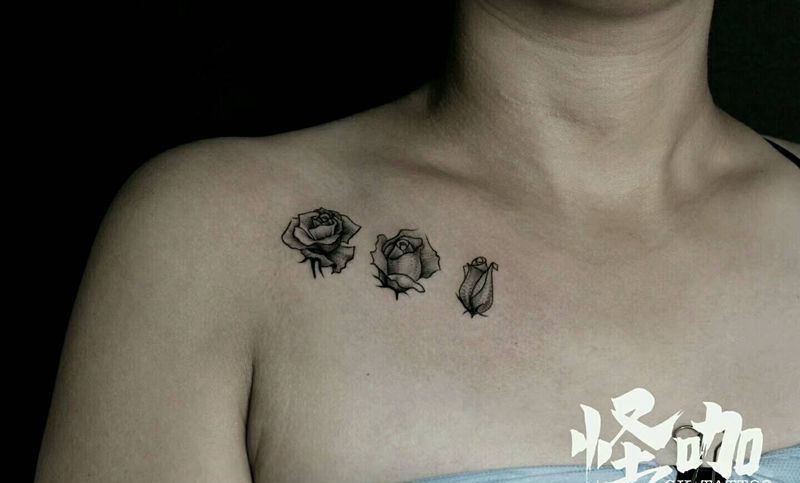玫瑰纹身图片_肩部清新植物原创成品纹身图案