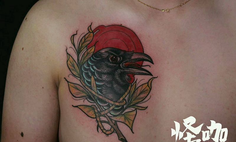 乌鸦纹身图片_肩部传统图腾原创成品纹身图案