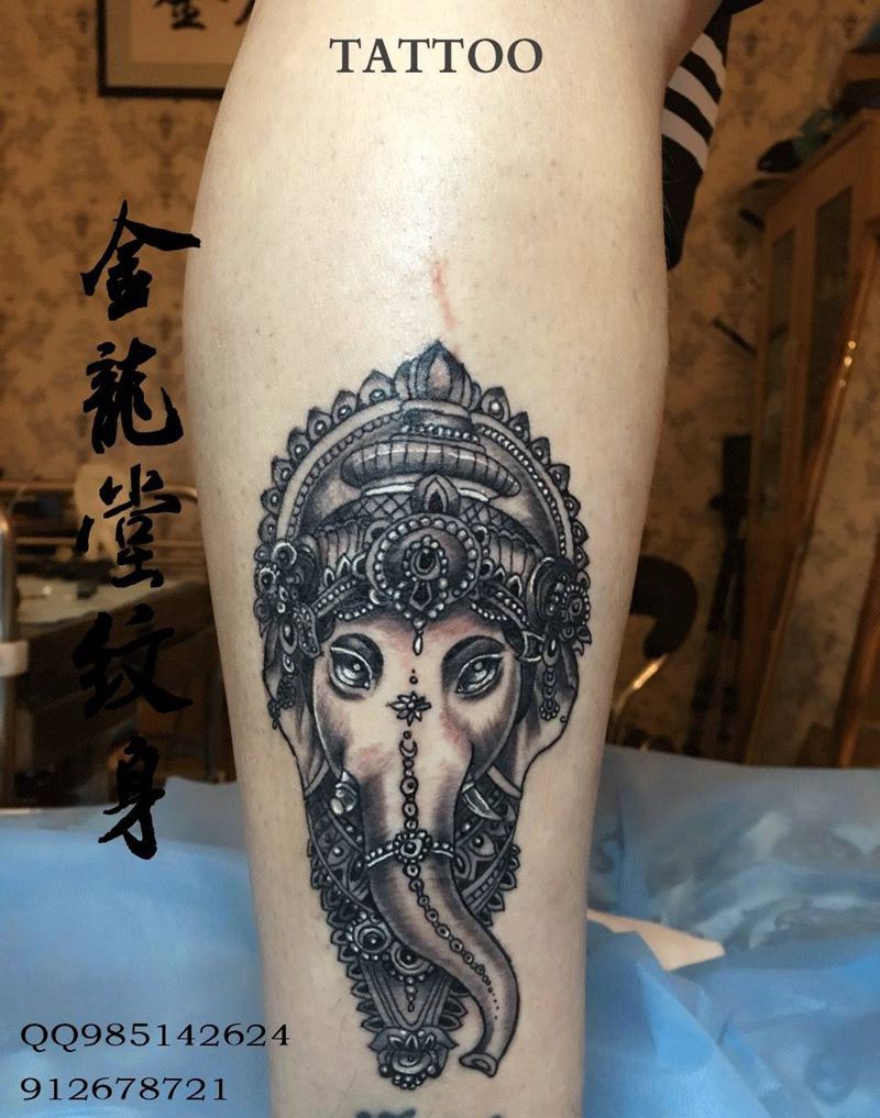 小象神纹身图片_成品腿部传统动物纹身图案