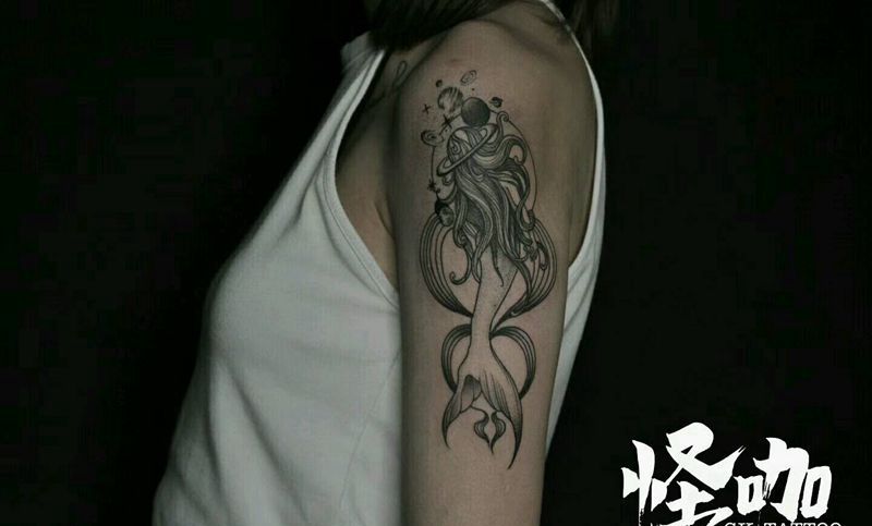 黑灰作品纹身图片_手臂欧美鬼神原创成品纹身图案