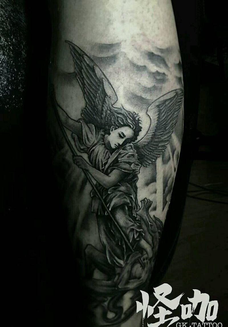 天使纹身图片_腿部欧美鬼神原创成品纹身图案