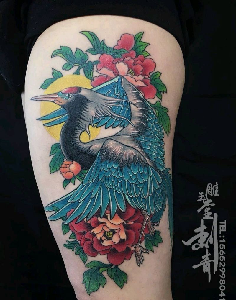 鹤纹身图片_腿部纹身图案