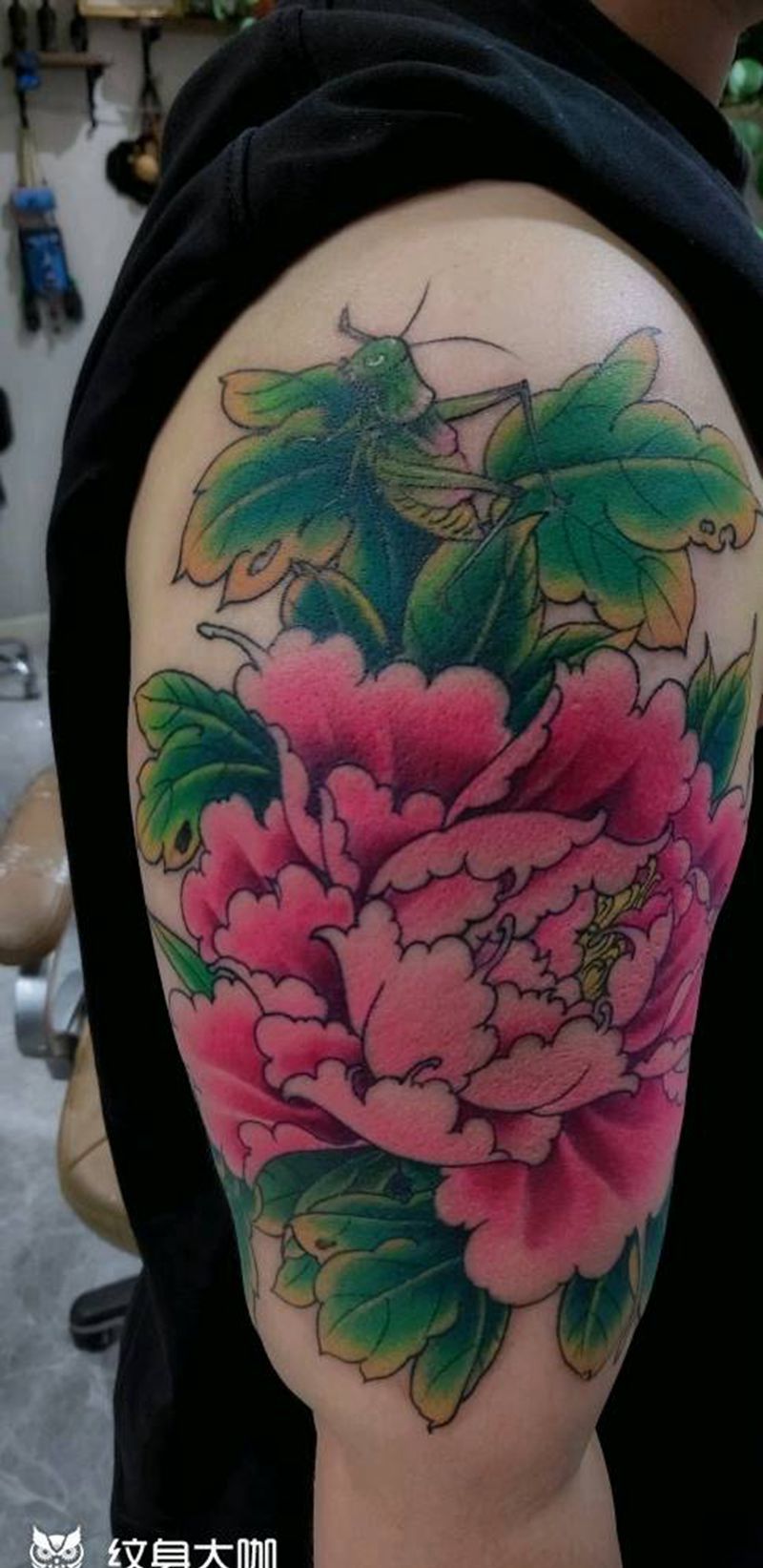 重彩牡丹完成纹身图片_手臂新传统牡丹新传统纹身图案