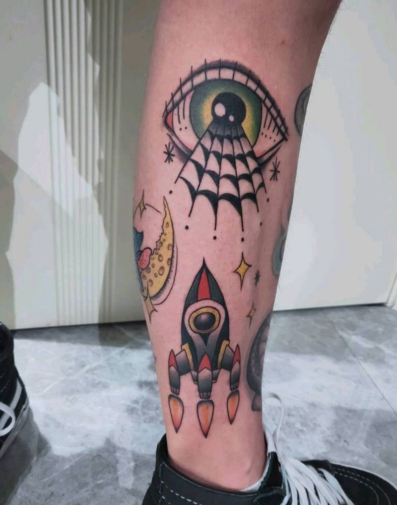 欧美小腿拼接纹身图片_腿部Old School纹身图案