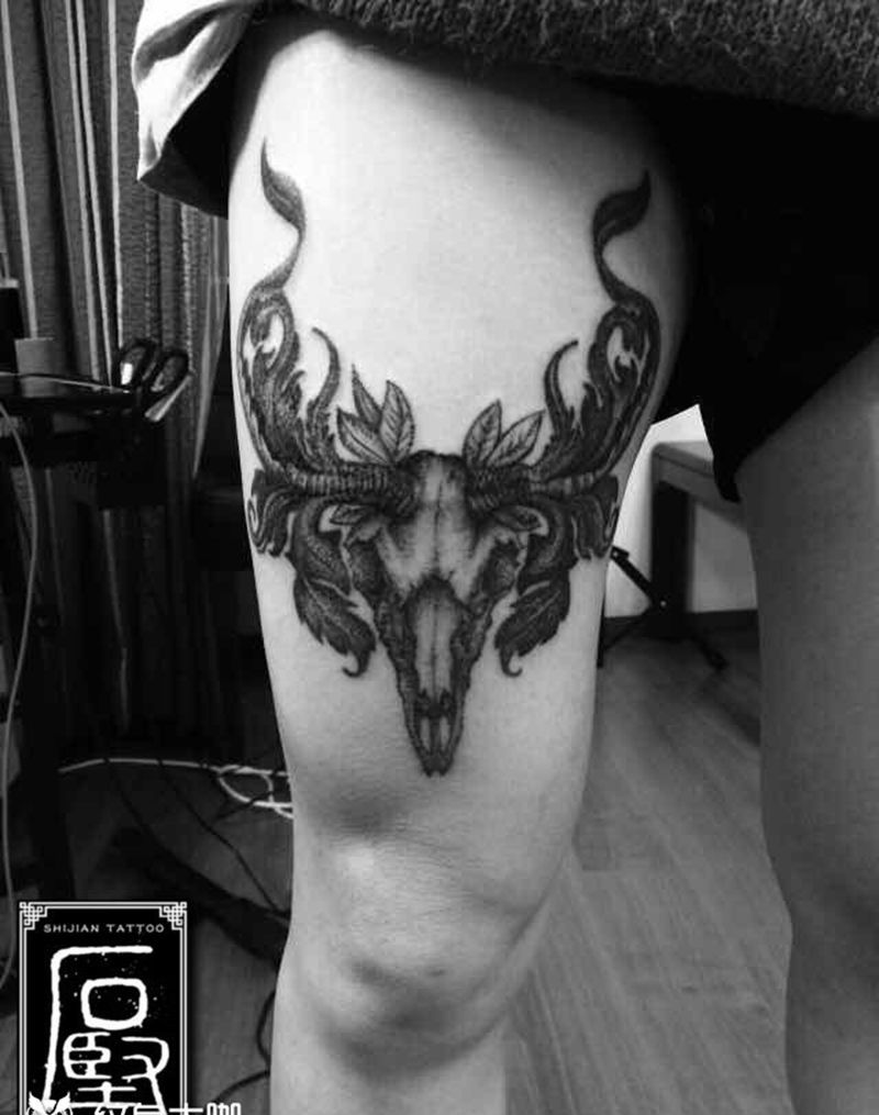 点刺 羊头纹身图片_成品欧美传统动物羊头点刺纹身图案