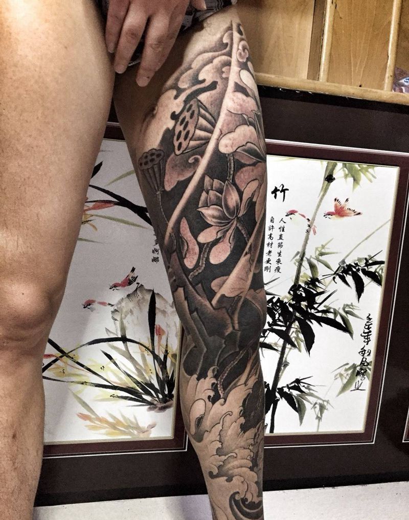 荷花水花包腿纹身图片_