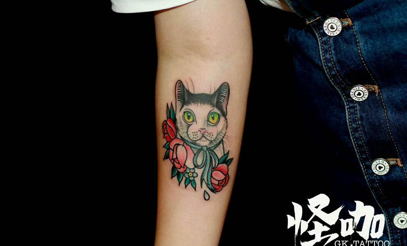 猫纹身图片_手臂欧美动物原创成品纹身图案