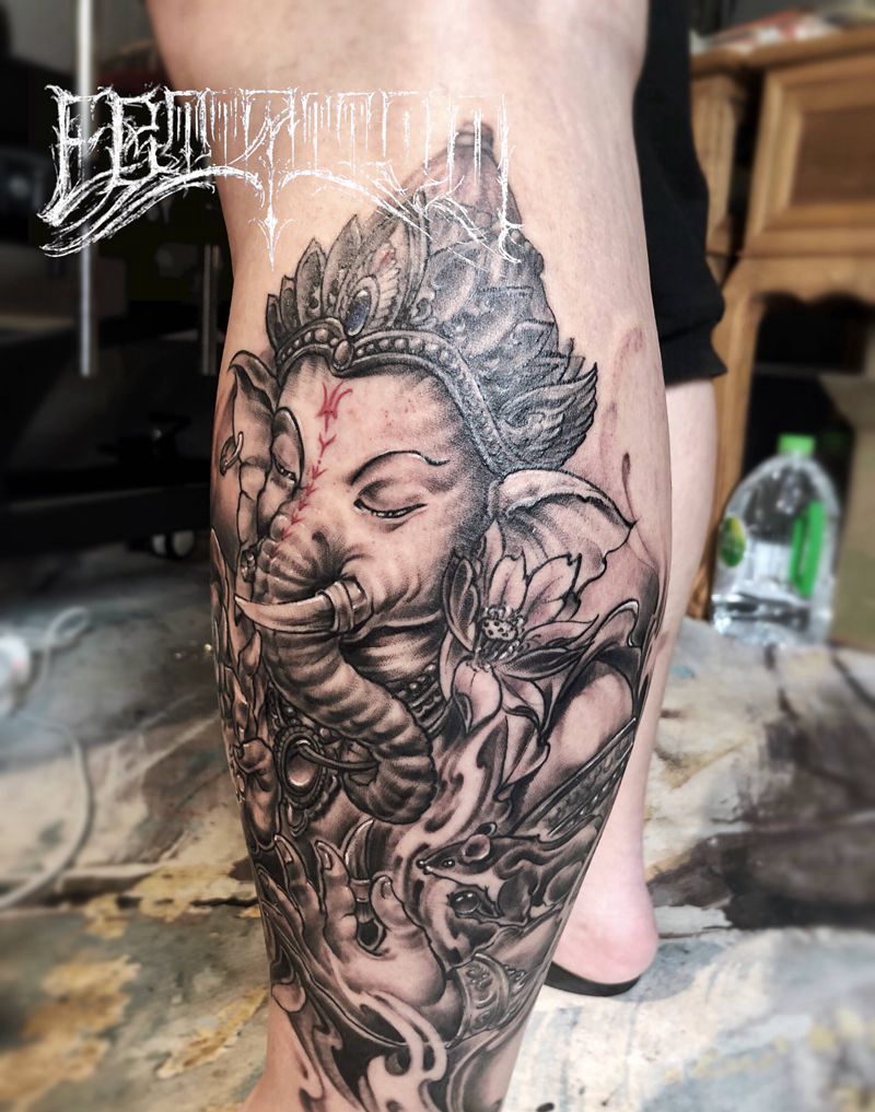 象神纹身图片_腿部新传统象神 传统纹身图案