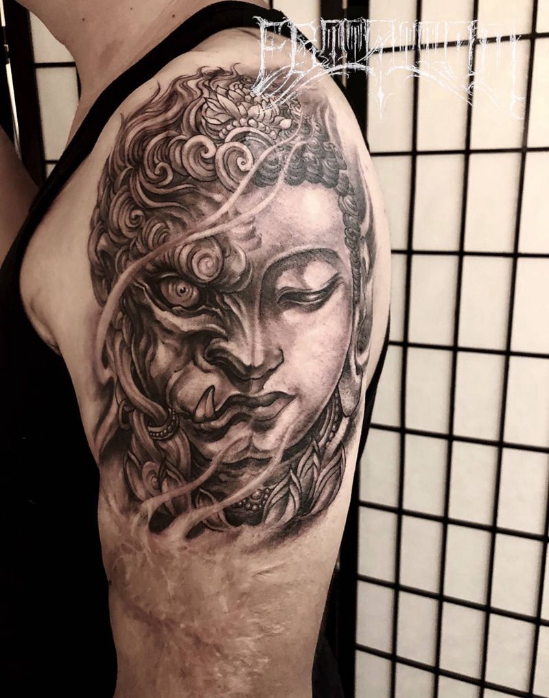 浴火纹身图片_手臂新传统欧美写实佛善恶疤痕纹身图案