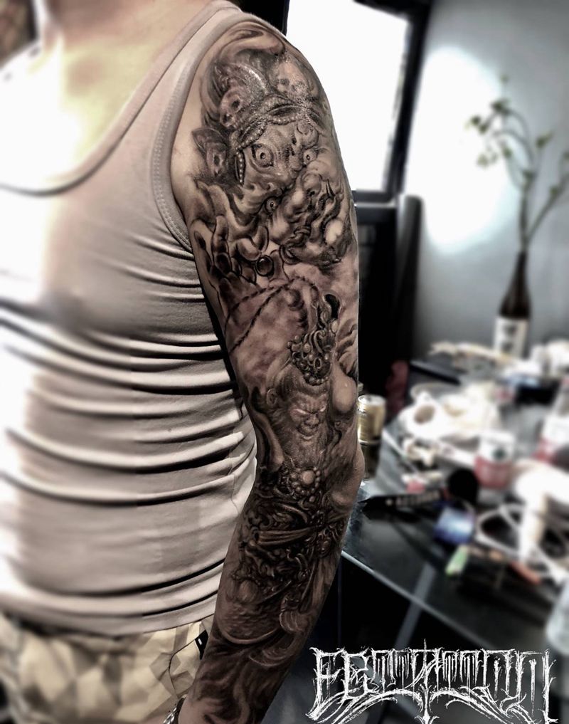 大圣盗丹纹身图片_手臂肩部新传统欧美写实孙悟空大黑天西游记纹身图案