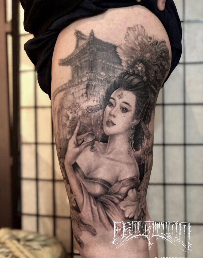 四美图纹身图片_腿部臀部新传统欧美写实美女牡丹杨贵妃纹身图案