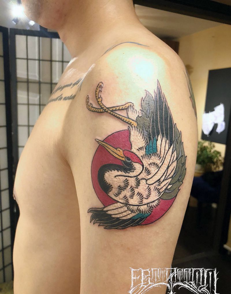 鹤舞纹身图片_手臂肩部New SchoolOld School鹤日式纹身图案