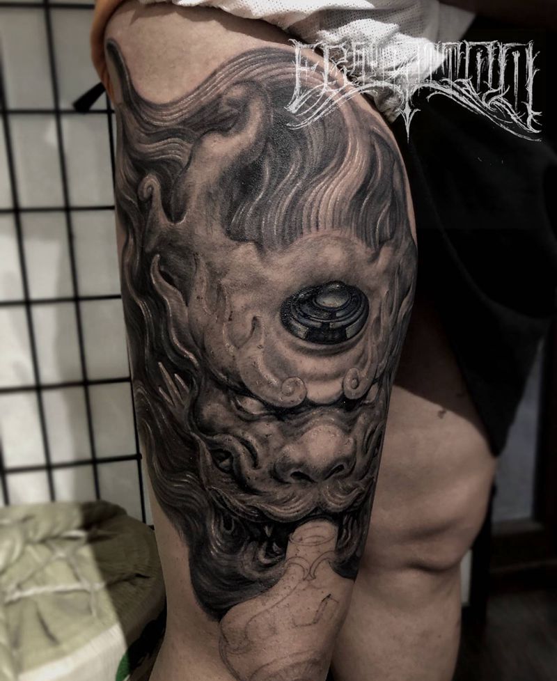 雕龙腿纹身图片_腿部新传统欧美写实石雕龙机械纹身图案