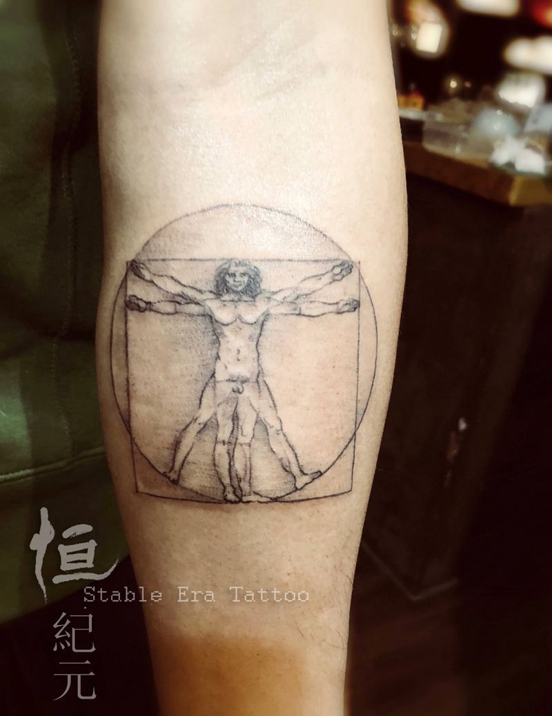 达芬奇 维特鲁威人纹身图片_成品手臂写实欧美清新人物宗教图腾原创几何纹身图案