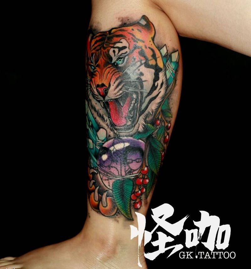 老虎包小腿纹身图片_腿部欧美动物原创成品纹身图案