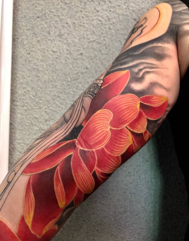 莲花纹身图片_成品传统植物原创荷花飞天纹身图案