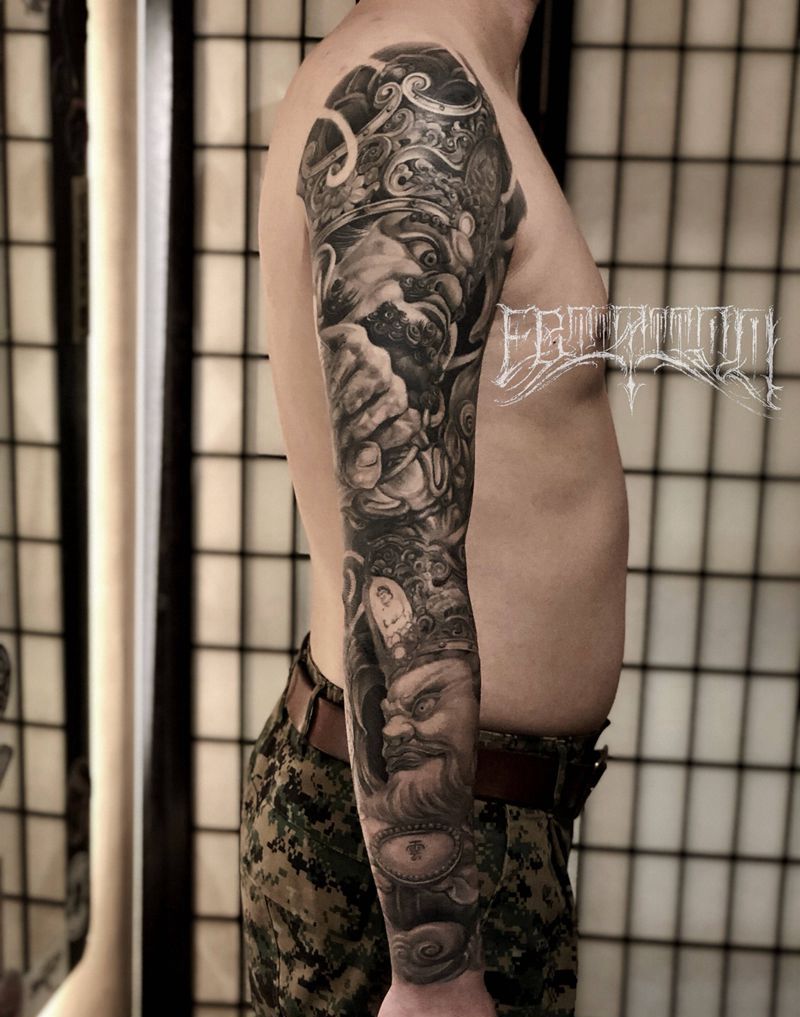 大梵天纹身图片_手臂新传统欧美写实天王雕像花臂纹身图案