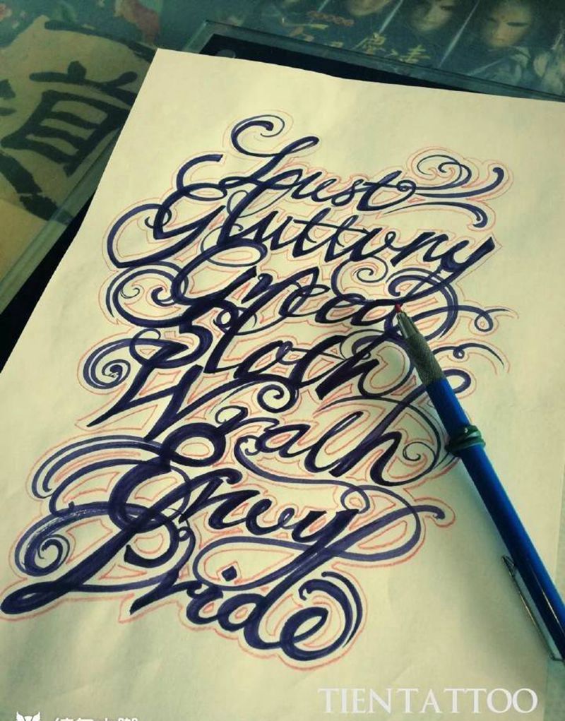 花体字草稿纹身图片_手稿背部欧美字符原创纹身图案