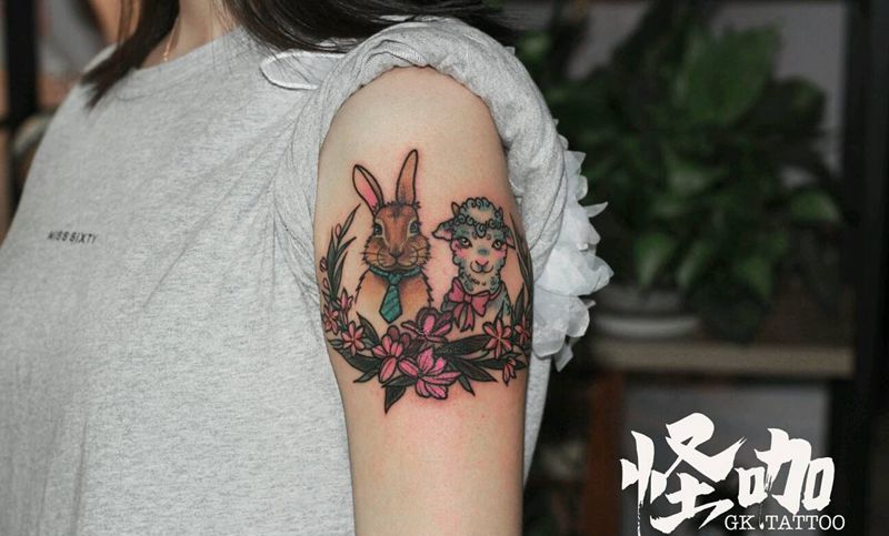 兔＆羊纹身图片_手臂纹身图案
