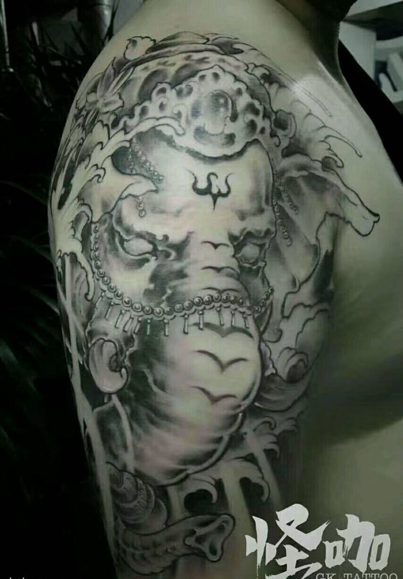 象神纹身图片_手臂传统鬼神原创成品纹身图案