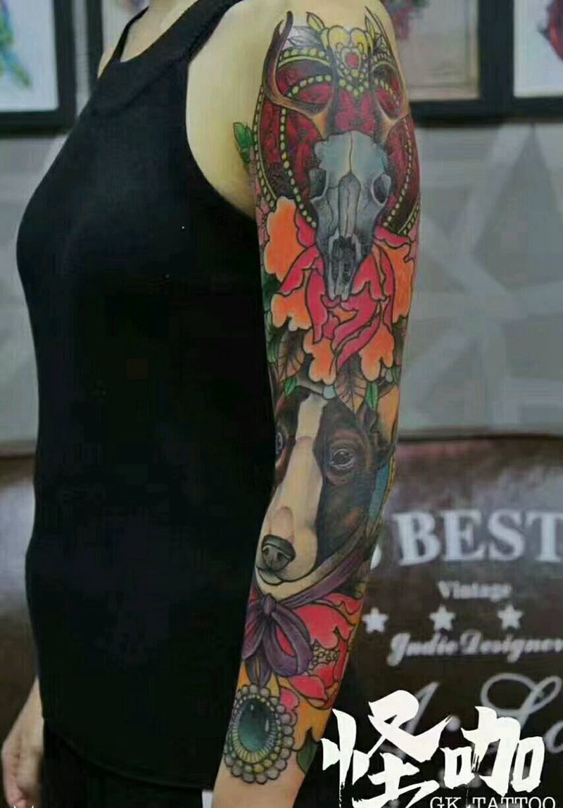 花臂纹身图片_手臂欧美动物鬼神原创成品纹身图案