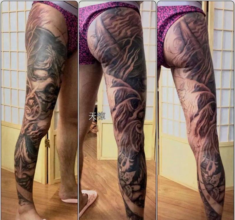 般若腿纹身图片_成品腿部臀部传统鬼神原创纹身图案