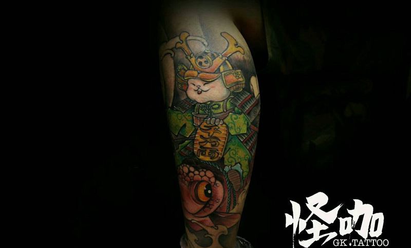 猫武士纹身图片_手臂传统动物原创成品纹身图案