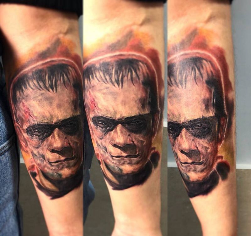 Frankenstein纹身图片_成品写实肖像欧美原创人物手臂纹身图案