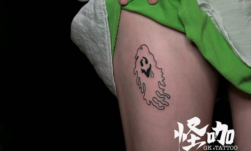 小幽灵纹身图片_腿部欧美鬼神原创成品纹身图案