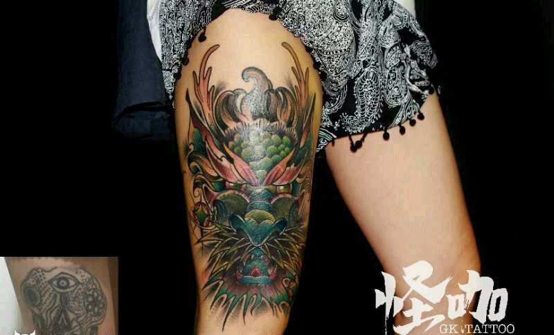 龙头遮盖纹身图片_腿部纹身图案