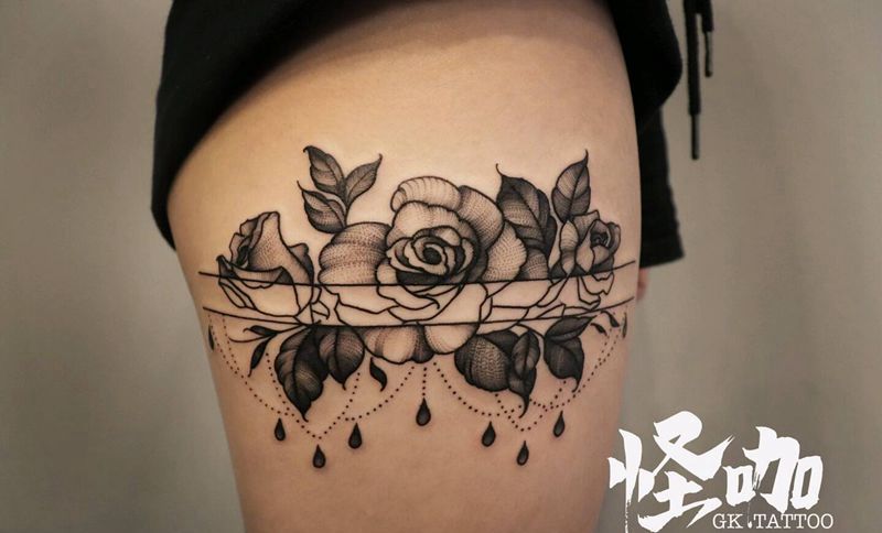 素花纹身图片_腿部纹身图案