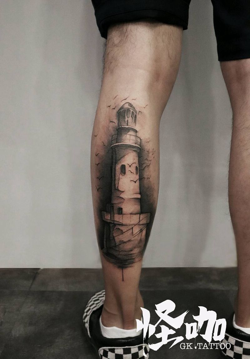 灯塔纹身图片_腿部纹身图案