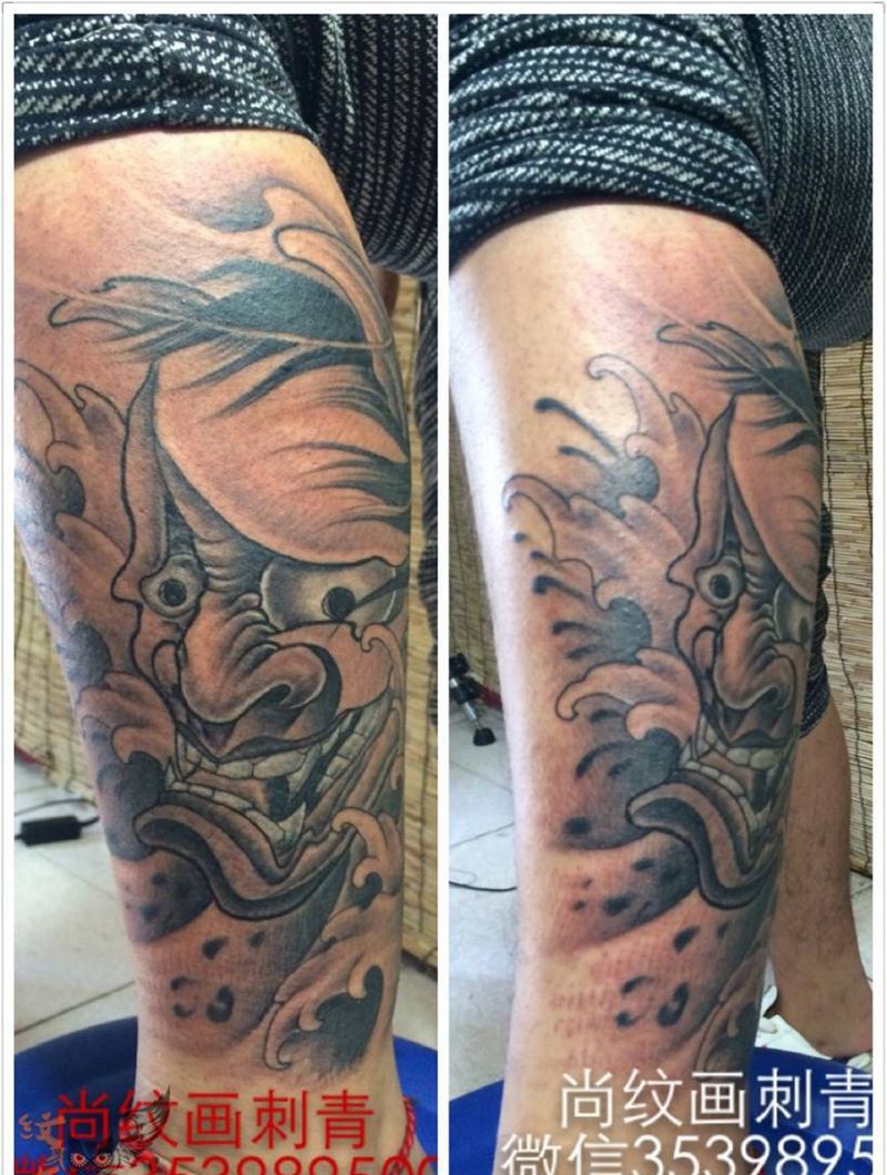 般若纹身图片_传统鬼神腿部纹身图案
