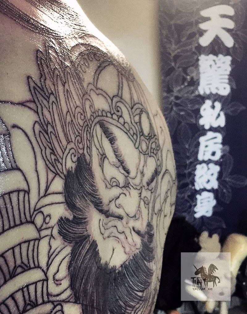 武财神赵公明纹身图片_成品手稿背部传统国画人物鬼神动物宗教原创纹身图案