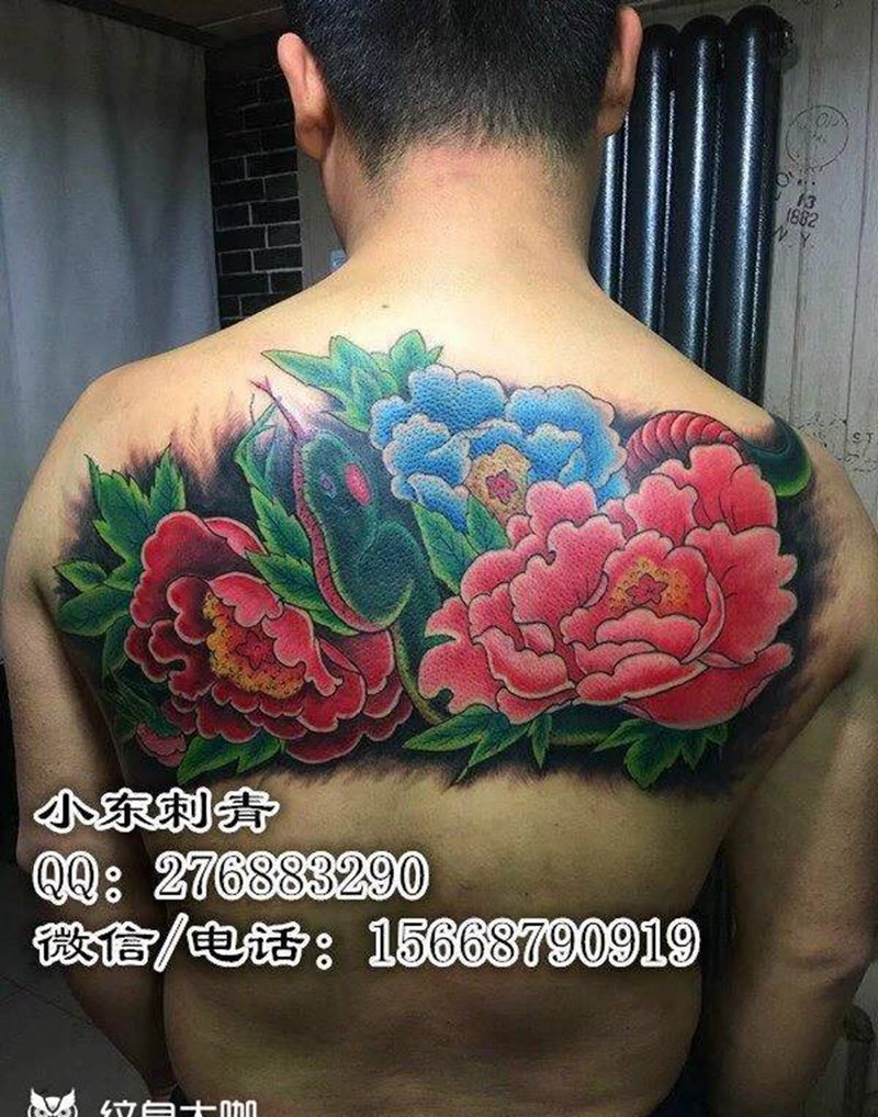 半背  小蛇  戏牡丹纹身图片_