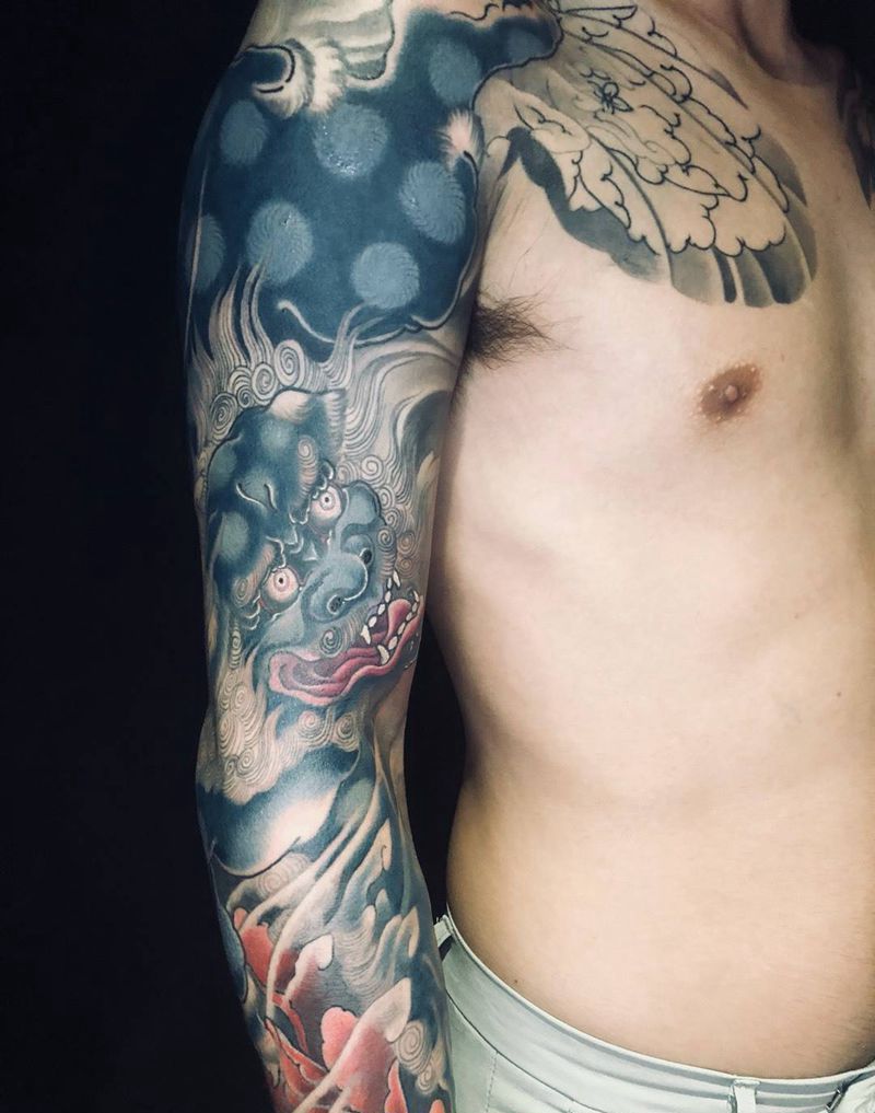 唐狮子纹身图片_成品手稿手臂传统动物宗教原创唐狮子纹身图案