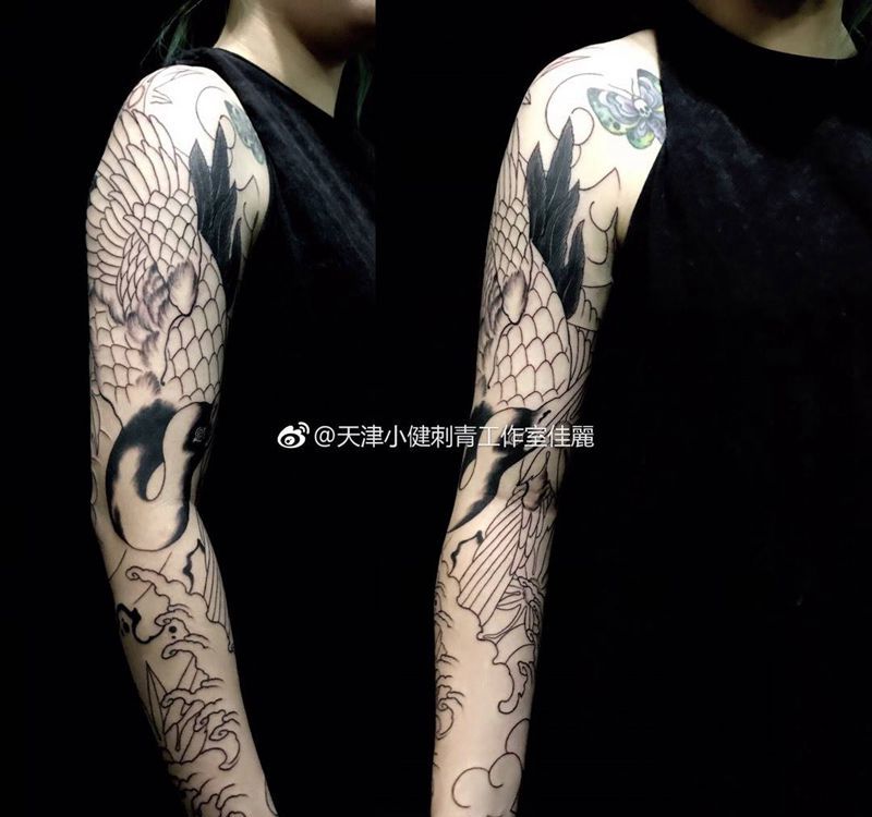 花臂仙鹤纹身图片_成品手稿手臂传统动物原创鹤纹身图案