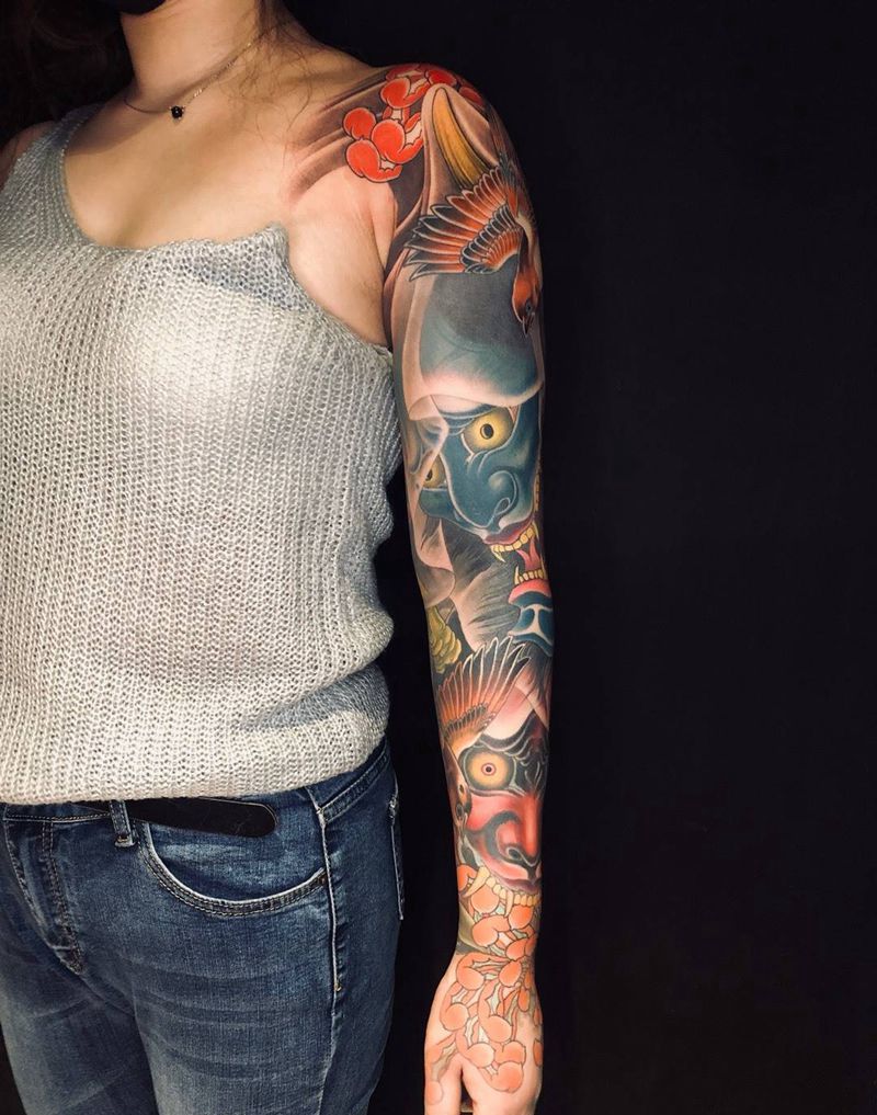 倆般若俩菊花倆鸟纹身图片_手臂老传统般若菊花纹身图案