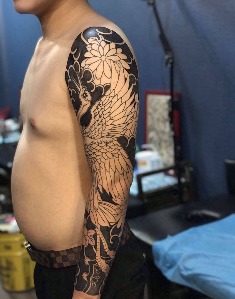 花臂鹤纹身图片_手臂老传统纹身图案