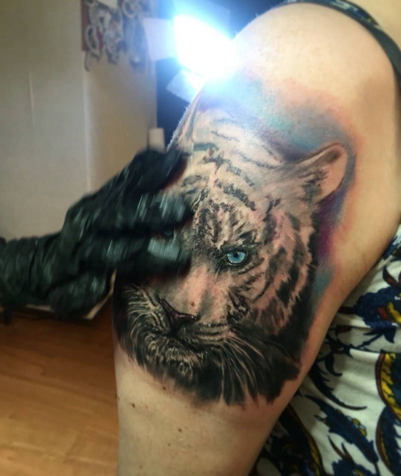 白虎纹身图片_成品动物写实欧美纹身图案