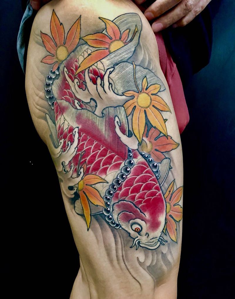 锦鲤枫叶纹身图片_成品腿部传统宗教动物原创锦鲤枫叶纹身图案