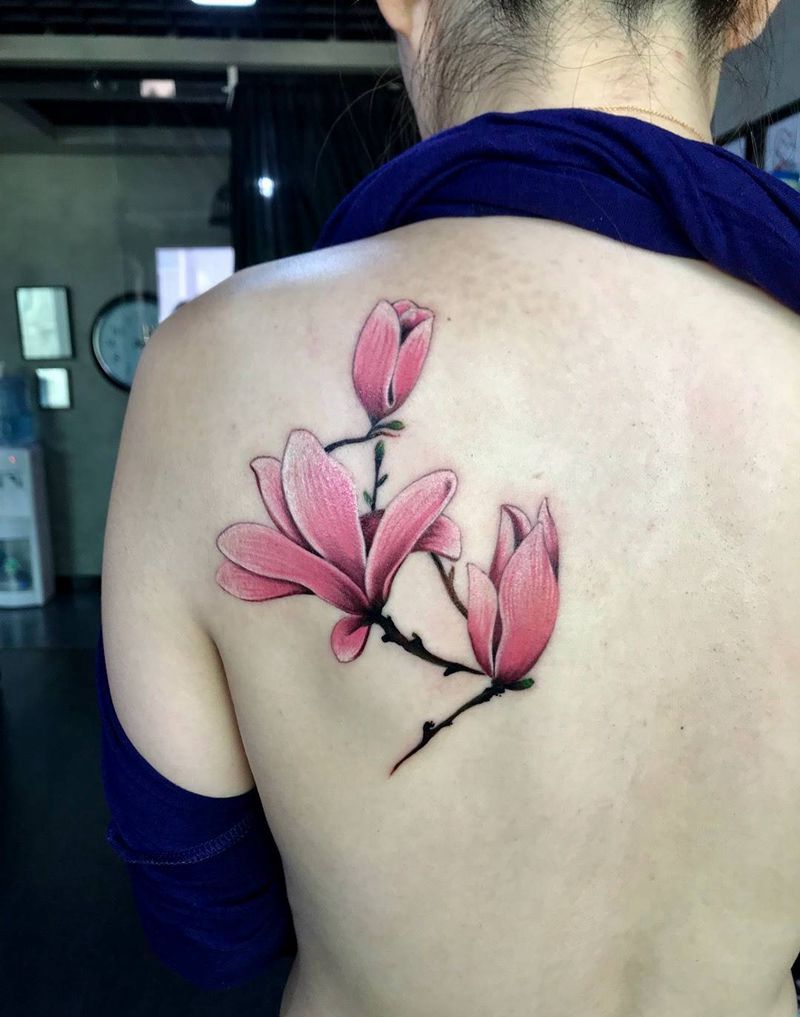 玉兰花纹身图片_成品手稿肩部背部清新植物宗教花纹身图案