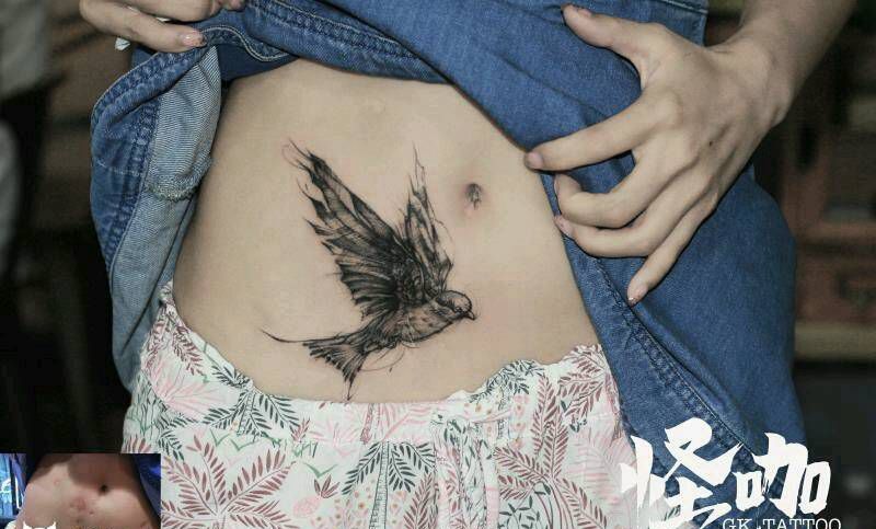 疤痕遮盖纹身图片_腹部纹身图案