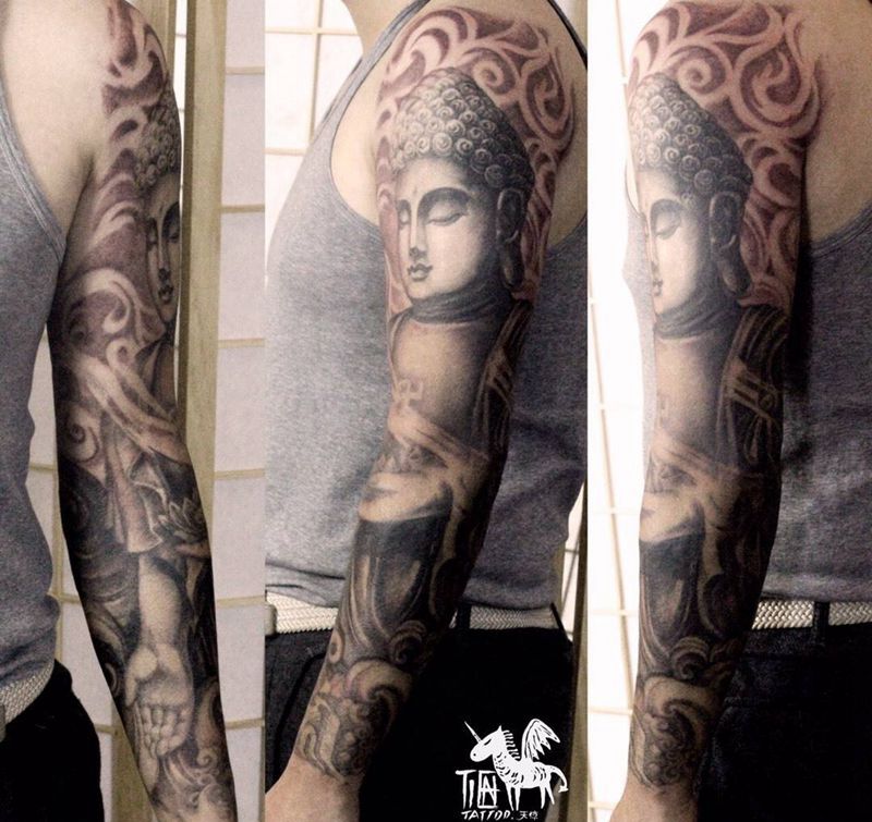 阿弥陀佛纹身图片_成品手臂欧美肖像写实传统人物宗教鬼神原创纹身图案