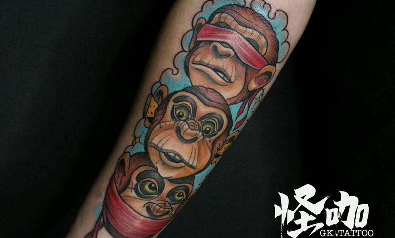 三只猴子纹身图片_手臂纹身图案