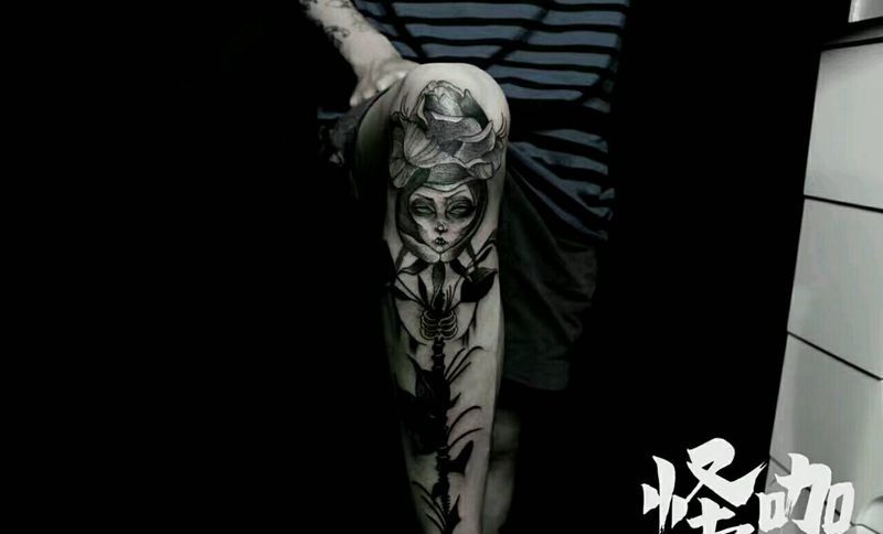 黑灰暗黑作品纹身图片_手臂欧美鬼神原创成品纹身图案