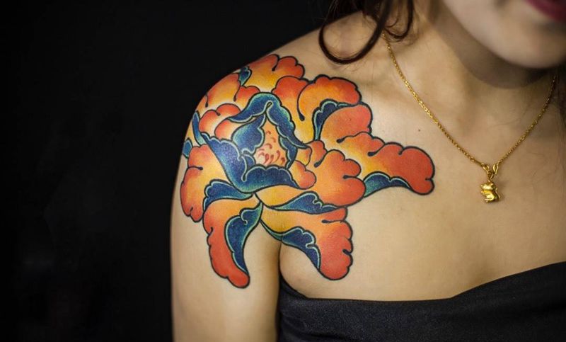 牡丹倾城纹身图片_成品手稿肩部传统植物原创纹身图案